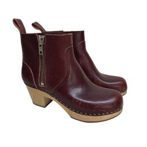 Swedish Hasbeens Zip It Emy Burgundy Leather Ankle Boots Clog Heel Women 37 US 7